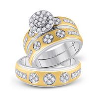 14k Two-Tone Gold Round Diamond Cluster Matching Wedding Ring Set 1 Cttw