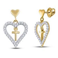 14K Yellow Gold Round Diamond Heart Cross Dangle Earrings 1/3 Cttw