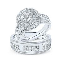 10k White Gold Round Diamond Cluster Matching Wedding Ring Set 1-1/4 Cttw