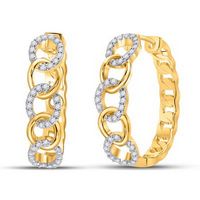 10K Yellow Gold Round Diamond Cuban Curb Link Hoop Earrings 1/5 Cttw