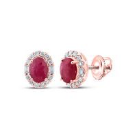 10K Rose Gold Oval Ruby Diamond Halo Earrings 2-3/8 Cttw