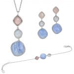 Silver Triple Genuine Stone with Blue Lace Agate, Necklace,Earring and Bracelet Set