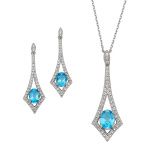 Silver Pendant and Earring Set with Swiss Blue Topaz Oval and small Round White Topaz