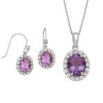 Silver Diamond Cut Oval Rosette Pendant and Earring Set with Genuine Amethyst and Diamond