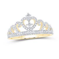 10K Yellow Gold Round Diamond Heart Crown Fashion Ring 1/4 Cttw