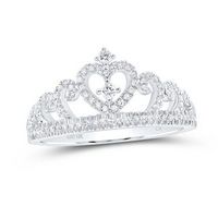 10K White Gold Round Diamond Heart Crown Ring 1/4 Cttw