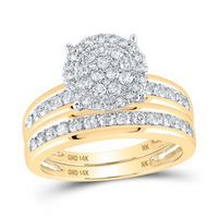 14K Yellow Gold Round Diamond Cluster Matching Wedding Ring Set 1-1/2 Cttw