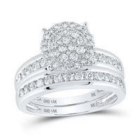 14K White Gold Round Diamond Cluster Matching Wedding Ring Set 1-1/2 Cttw