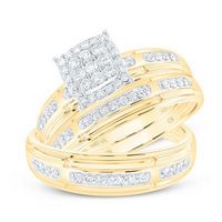 10K Yellow Gold Round Diamond Cluster Matching Wedding Ring Set 1/2 Cttw