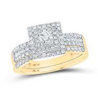 14K Yellow Gold Round Diamond Halo Bridal Wedding Ring Set 7/8 Cttw