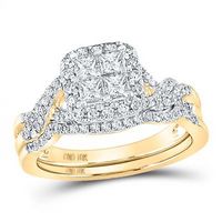 10K Yellow Gold Princess Diamond Halo Bridal Wedding Ring Set 1 Cttw