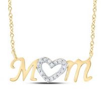 10K Yellow Gold Round Diamond Heart Mom Necklace 1/10 Cttw