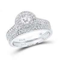 14K White Gold Round Diamond Halo Bridal Wedding Ring Set 1 Cttw (Certified)