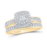 10K Yellow Gold Round Diamond Halo Bridal Wedding Ring Set 3/4 Cttw