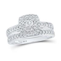 10K White Gold Round Diamond Halo Bridal Wedding Ring Set 3/4 Cttw