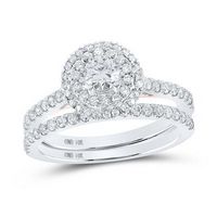 14K White Gold Round Diamond Halo Bridal Wedding Ring Set 1 Cttw (Certified)