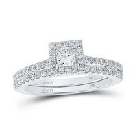 14K White Gold Princess Diamond Halo Bridal Wedding Ring Set 7/8 Cttw (Certified)