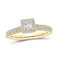 14K Yellow Gold Princess Diamond Square Halo Bridal Wedding Ring Set 5/8 Cttw (Certified)