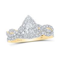 14K Yellow Gold Pear Diamond Halo Twist Bridal Wedding Ring Set 1 Cttw (Certified)