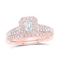 14K Rose Gold Emerald Diamond Halo Bridal Wedding Ring Set 1 Cttw (Certified)