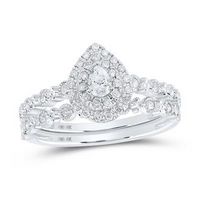 10K White Gold Pear Diamond Halo Bridal Wedding Ring Set 3/8 Cttw