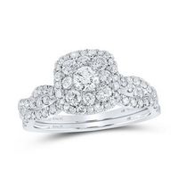 14K White Gold Round Diamond Halo Bridal Wedding Ring Set 1 Cttw (Certified)