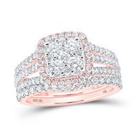10K Rose Gold Round Diamond Nicoles Dream Collection Square Bridal Wedding Ring Set 1-5/8 Cttw