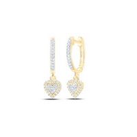 10K Yellow Gold Round Diamond Heart Hoop Dangle Earrings 1/4 Cttw