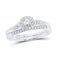 10K White Gold Round Diamond Halo Bridal Wedding Ring Set 1/3 Cttw
