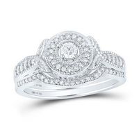 STERLING SILVER ROUND DIAMOND HALO BRIDAL WEDDING RING SET 3/8 CTTW