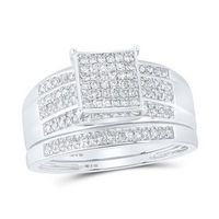 STERLING SILVER ROUND DIAMOND SQUARE BRIDAL WEDDING RING SET 3/8 CTTW