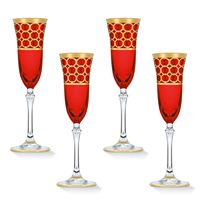Lorren Home Trends Deep Red Colored Champagne Flutes with Gold Rings, Set of 4