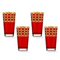 Lorren Home Trends Deep Red Colored High Ball with Gold Rings, Set of 4