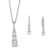 Sterling Silver Graduated Triple CZ%27s Drop Pendant and Lever back Earrings Set