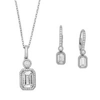 Sterling Silver Halo Detail Emerald-Cut CZ Dangle and Round CZ Necklace and Lever Back Earrings Set