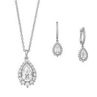 Sterling Silver Pear Shape CZ Drop with Round CZ%27s Halo Necklace 16&quot;+2&quot; ext and Earrings Set