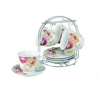 Set of 4 Coffee Cups On Metal Stand-Pink Floral