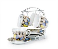 Set of 4 Coffee Cups On Metal Stand-Butterfly