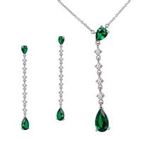 Silver Long Drop Necklace and Earrings Set with Emerald Green CZs