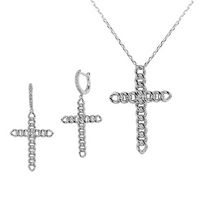 Silver Chain Link Plain Cross with CZs Pendant and Earrings Set