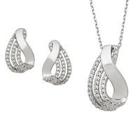 Silver High-polish Swirl on one side with three rows of CZs, Pendant and Post Earring Set