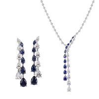 Silver Graduated Teardrop Clear CZ and Sapphire Nano Design Necklace and Earring Set