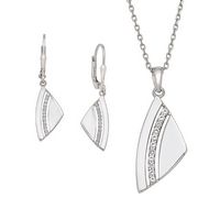 Silver Modern Triangle Pendant and Leverback Earring Set with a Row of Genuine White Topaz