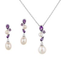 Silver Genuine Stones with African Amethyst and Fresh Water Pearls Necklace and Earrings Set