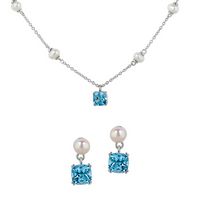 Silver Genuine Stones Necklace and Earrings Set with Swiss Blue Topaz and Fresh Water Pearl