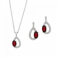 Silver White Topaz Teardrop with Garnet Pendant and Earring Set