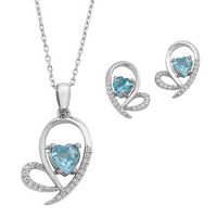 Silver Open Heart Design Pendant and Earring Set with Heart Shape Genuine Blue Topaz