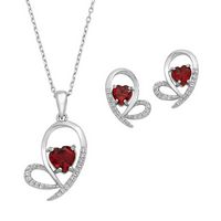 Silver Open Heart Design Pendant and Earring Set with Heart Shape Genuine Garnet