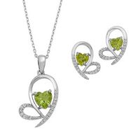 Silver Open Heart Design Pendant and Earring Set with Heart Shape Genuine Peridot