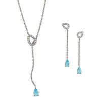 Silver Fixed Lariat Style Necklace and Earring Set with Genuine White and Sky Blue Topaz